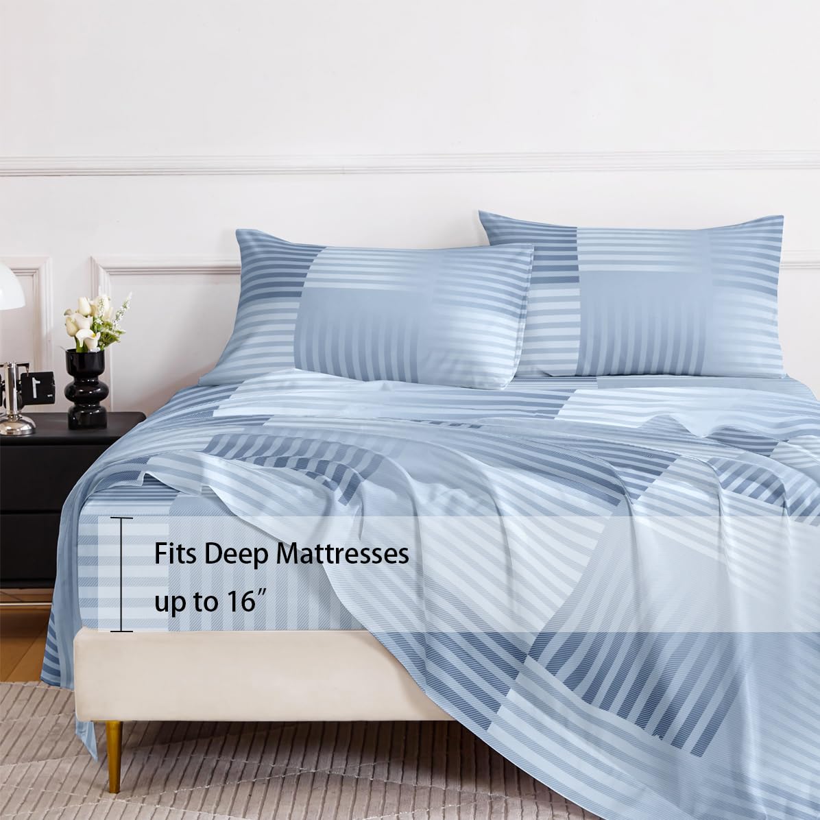 HCORA Striped King Sheet Set, Ultra Soft Double Brushed Microfiber Bed Sheets, Deep Pocket, Breathable, Wrinkle Resistant, Easy Care, 4PC, King