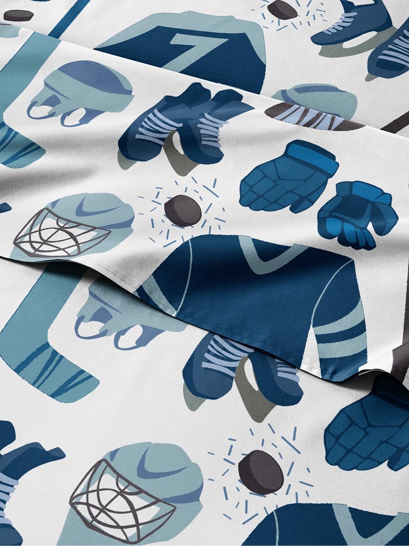 Kids Twin Size Blue Ice Hockey Bed Sheets - 3 Piece Sport Sheet Set - Ice Hockey Player Print Bedding - Soft, Breathable & Machine Washable - Sports Game Bed Set for Boys, Girls, Teens and Toddlers