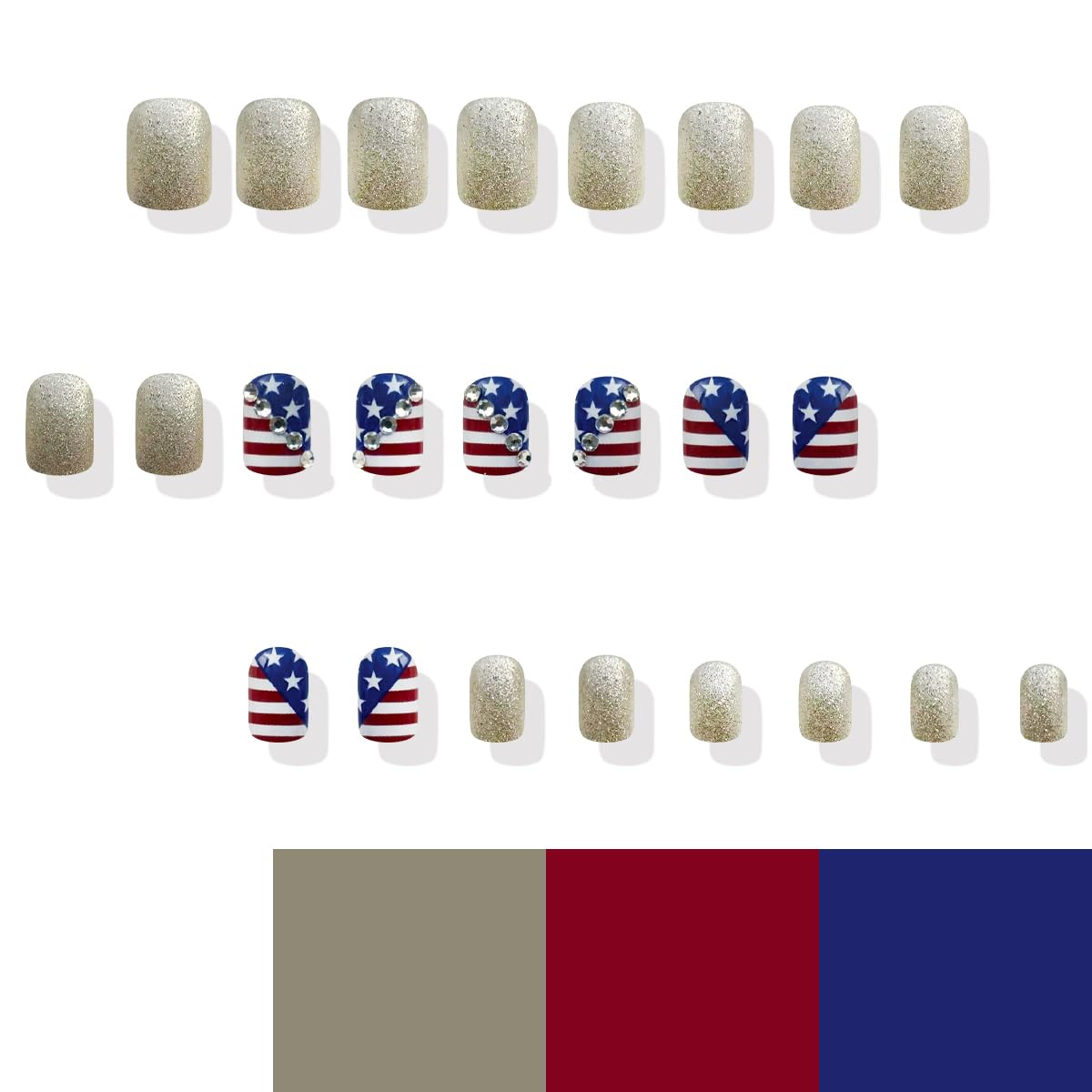 24Pcs Independence Day Press on Nails Short Square Fake Nails with Rhinestones Designs 4th of July Glue on Nails Full Cover Silver Glitter Acrylic Stick on Nails for Women 4th of July Nails Decor