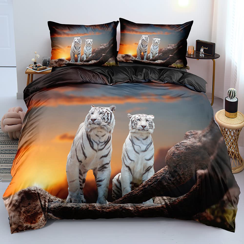 Holiyjog 3D Tigers Print Duvet Cover Set California King Size a Couple of Tigers at Sunset Animals Pattern Comforter Covers Little Tiger Pillow Shams Animal Deco Bedroom Bedding Set Bed Set