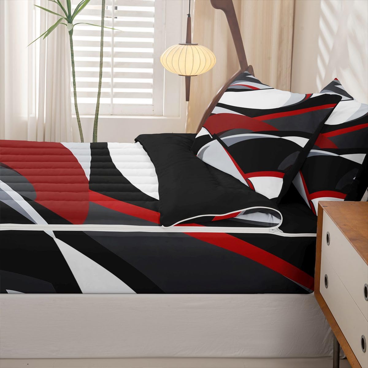 Abstract Geometric Striped Zip Up Bedding Set Full Watercolor Graffiti Geometric Comforter Set With Sheets Red Black Grey White Bed In A Bag,Brush Strokes Graffiti bed sets With 2 Pillowcases