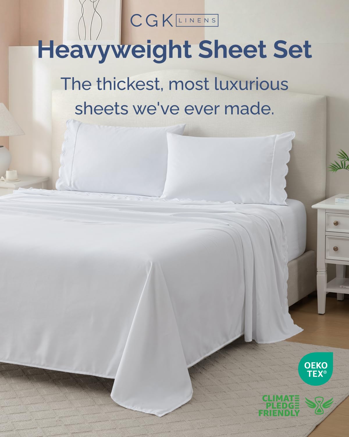 Extra Thick Heavyweight Queen Size 4 Piece Bed Sheet Set - Scalloped Edge Bedding - Ultra-Soft & Wrinkle Resistant - Super Luxury Queen Bed Set - Premium Hotel Quality Sheets with Deep Pockets - White