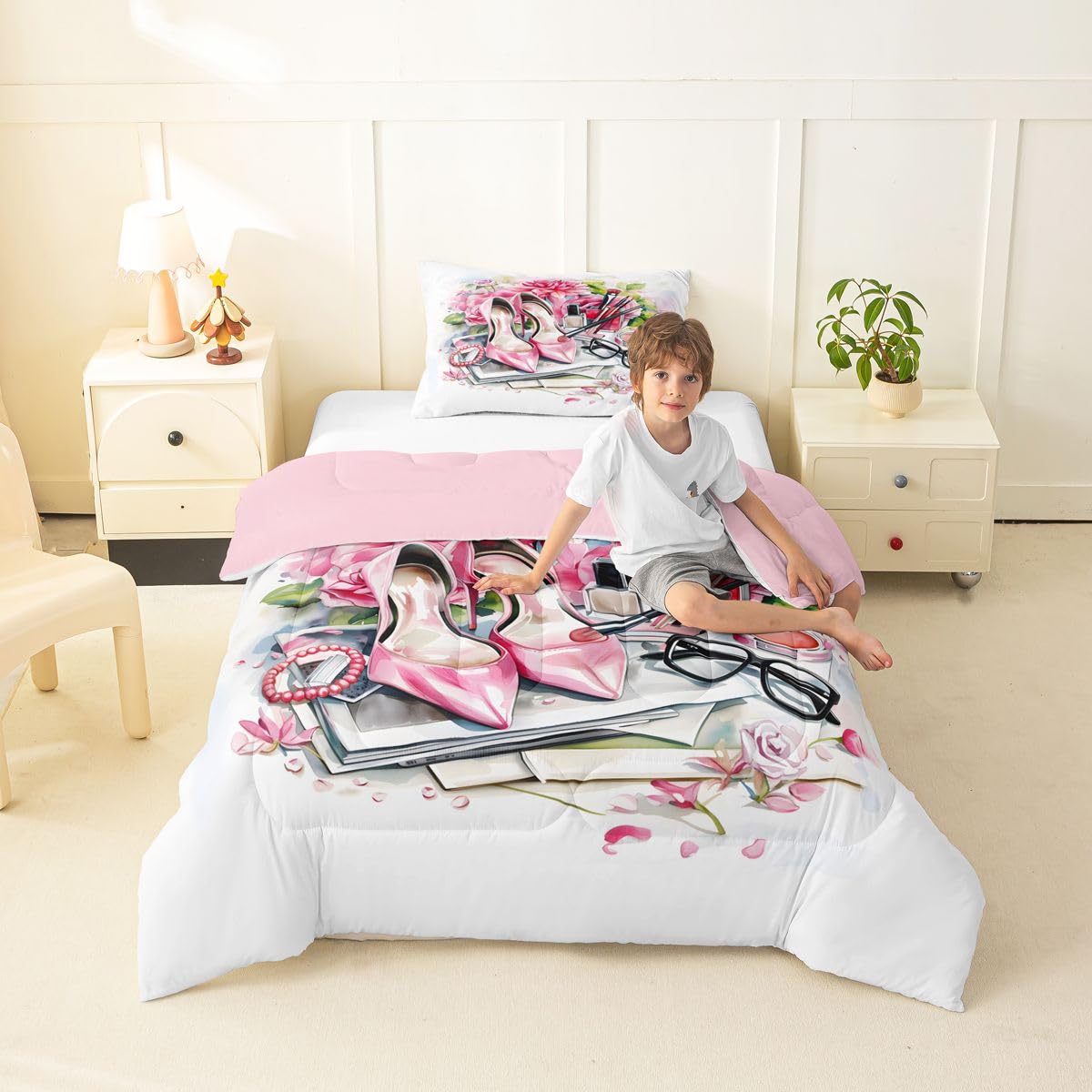 Erosebridal High Heel Comforter Set Rose Floral Twin Bedding Sets for Girls Children Boys Book Perfume Girly Coquette Comforter Fashion Makeup Theme Quilt