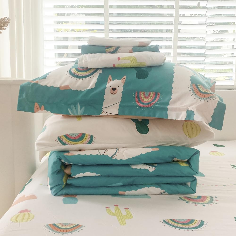 Wajade Kids Cute Llama Comforter Set Bed in A Bag Full Size 7 Piece Green Alpaca Tropical Plant Bedding Set for Girls Boys (1 Comforter, 1 Flat Sheet, 1 Fitted Sheet, 2 Pillowcase and 2 Pillow Sham)