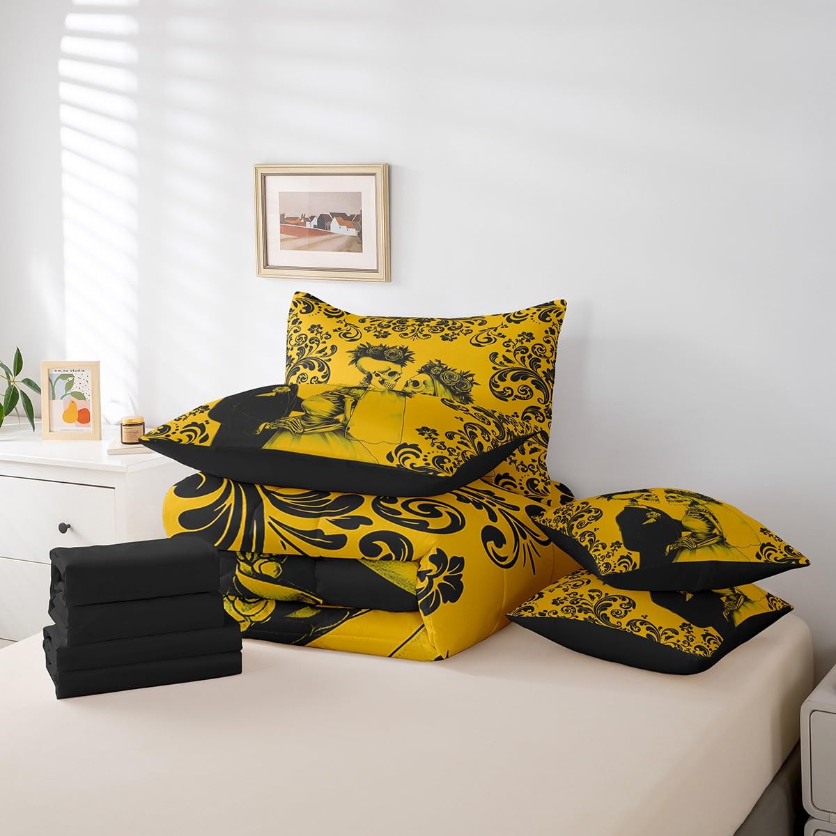 Erosebridal Gothic Skull Bed in A Bag 7 Piece Queen Yellow Black Couple Rose Skull Comforter Set with Sheets Damask Skeleton Goth Bedding Set for Women Men Romantic Wedding Valentines Day Bed Set
