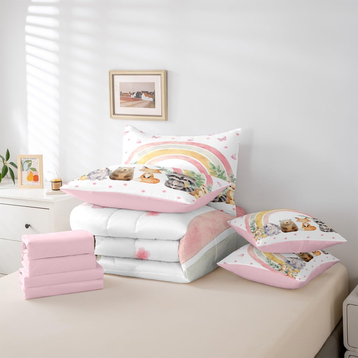Erosebridal Cartoon Fox 7 Piece Bedding Set King Deer Comforter Set with Sheets Cute Bear Raccoon Otter Rabbit Floral Bed in a Bag Rainbow Butterfly Leaf Pattern for Kids Boys Girls