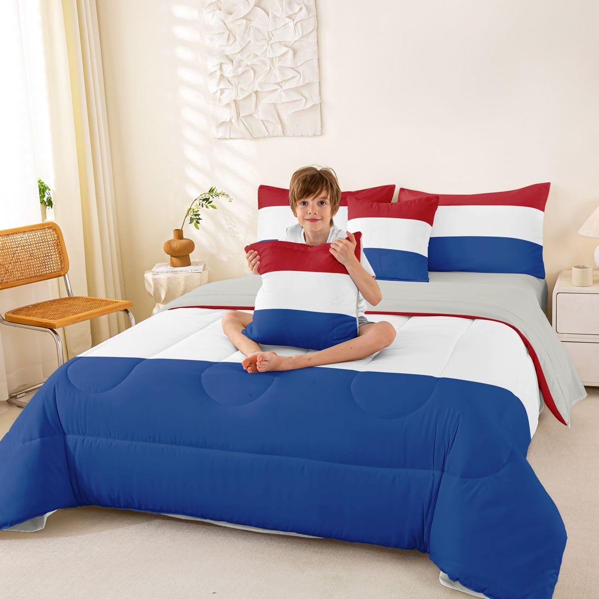 Feelyou Dutch Flag King Comforter Set with Sheets for Kids Boys Girls Netherlands 7 Pieces Bedding Set International Flag Bed in a Bag Soccer Sports Game Room Decor Soft Lightweight Microfiber