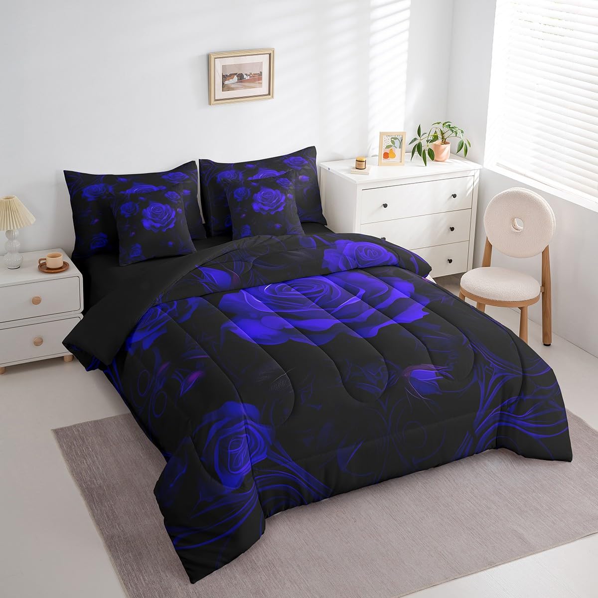 Erosebridal Blue Roses Bedding Set,Romantic Valentine's Day Bed in A Bag Couple Wedding Queen Comforter Set 7 Piece for Men Women Adults,Blooming Flower Sheet Set with Comforter