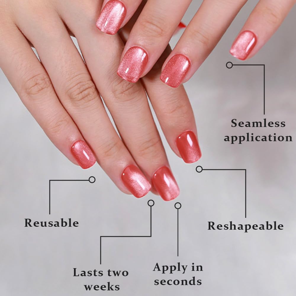 evpct Pink Cat Eye Extra Short Press on Nails Square, Petite Short Square Stick on Nails for Women Gift, Red Nude Pink Metallic Glitter Glossy Reusable Soft Gel Press on Acrylic Fake Nail with Design