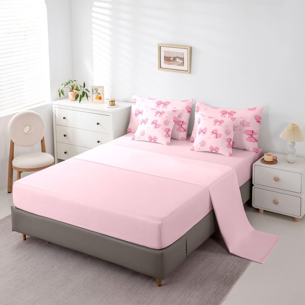 Erosebridal Pink Bows 7 Piece Comforter Set King Size Girly Bowknot Bedding Set for Kids Girls Bedroom Pink Bows Comforter with Sheets Microfiber Bow Ribbon Heart Pattern Quilt Set Flower Bed Set