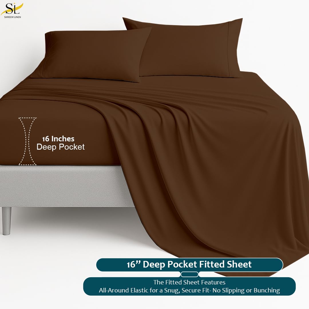 King Sheet Set - 4 Piece Ultra Soft Brushed Microfiber Bed Sheets - 15" Deep Pockets, Wrinkle-Free & Breathable for a Secure Fit Sheets & Pillowcases (King, Chocolate)