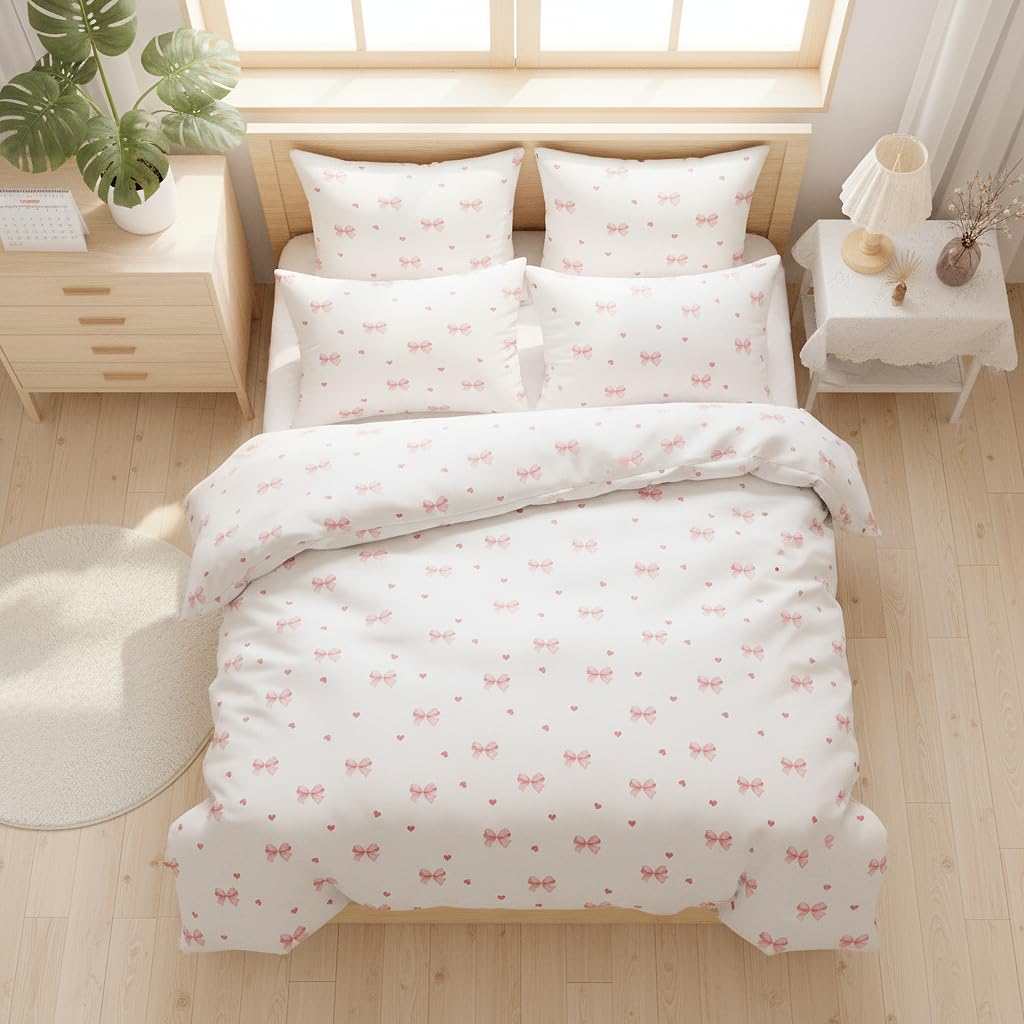 Sedefen Pink Bow Duvet Cover Queen Size Red Heart Bowknot Printed on White Duvet Cover Set Girls Princess Style Cute Kawaii Bows Love Pattern Reversible Soft Breathable Microfiber Bedding Set 3Pcs
