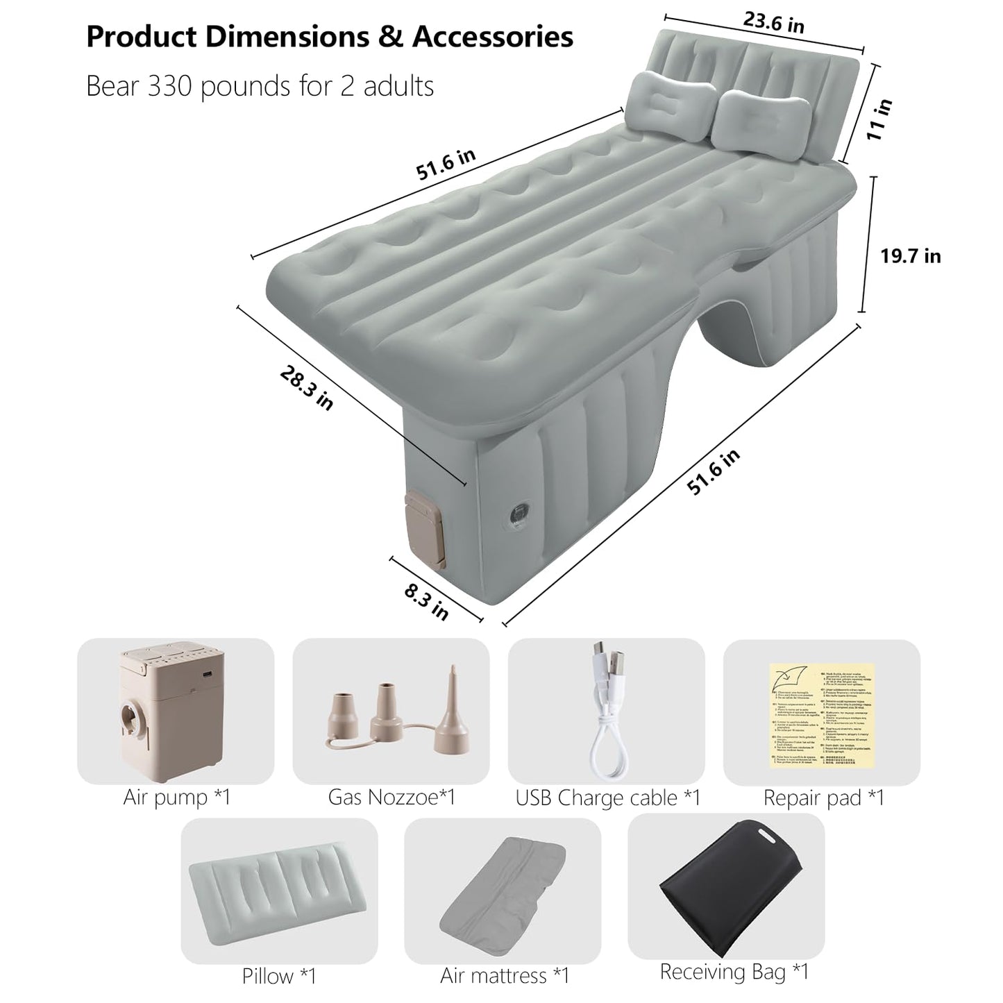 BEBAS Inflatable Car Air Mattress for Back Seat & SUV - All-in-One Design with Built-in Pump & Pillow, Quick 1-Key Inflation/Deflation, Comfort Portable Bed for Camping, Travel, Trucks | Gray