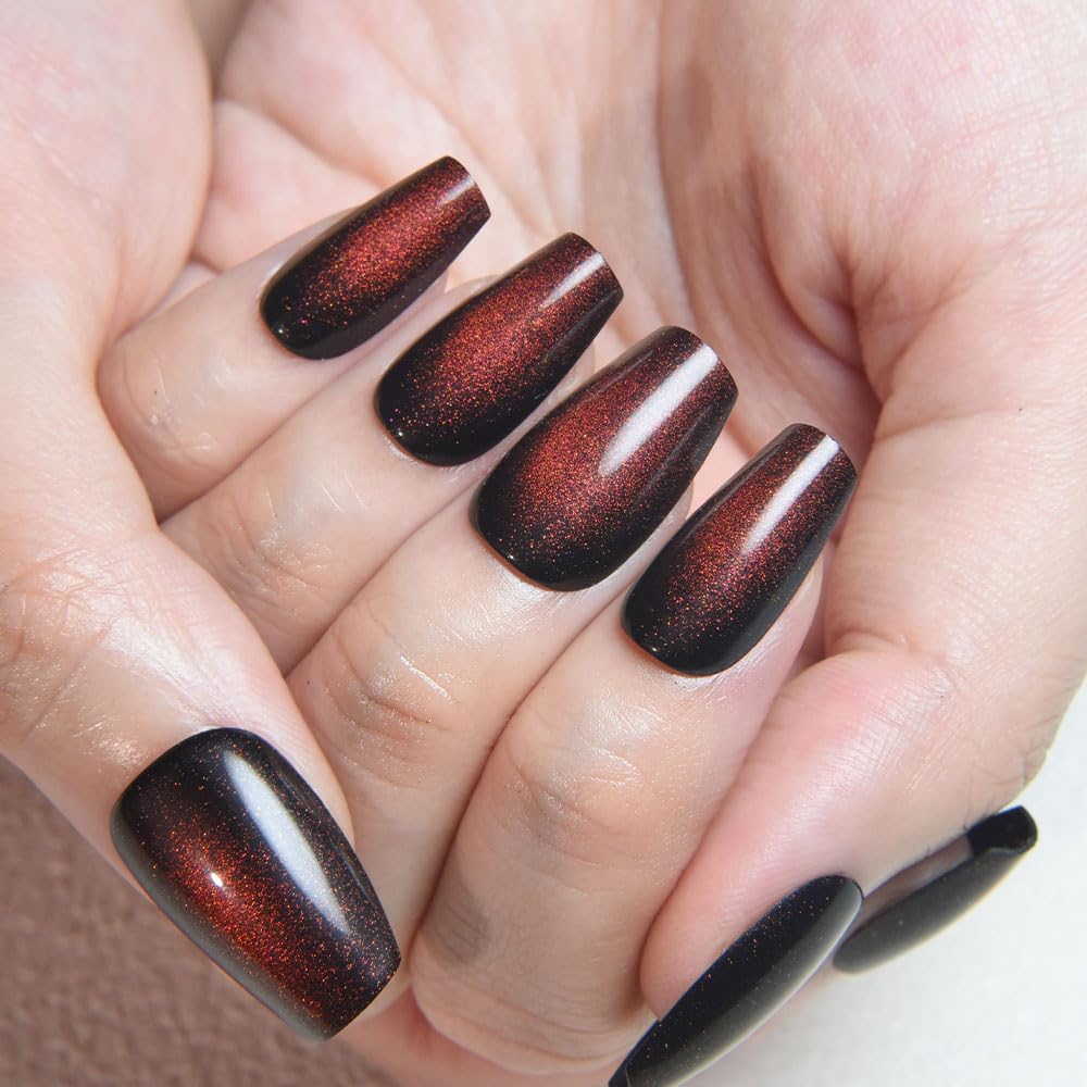 evpct Reddish Brown Cat Eye Coffin Press on Nails Medium Square No Glue, Medium Square Stick on Nails for Women Gift, Wine Red Metallic Glitter Glossy Reusable Spring Summer Press on Acrylic Fake Nail