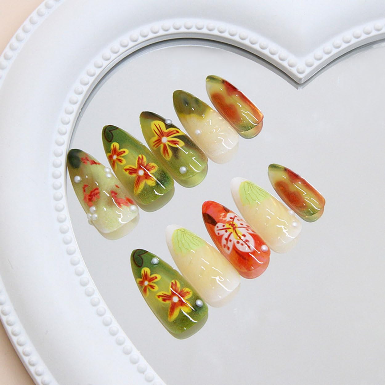 Press on Nails Almond Medium Fall Ombre Fake Nails French Tip False Nails Press ons with Pearl Design Glue on Nails Artificial Acrylic Nail Art Glossy Full Cover Stick on Nail Supplies for Women 24Pcs