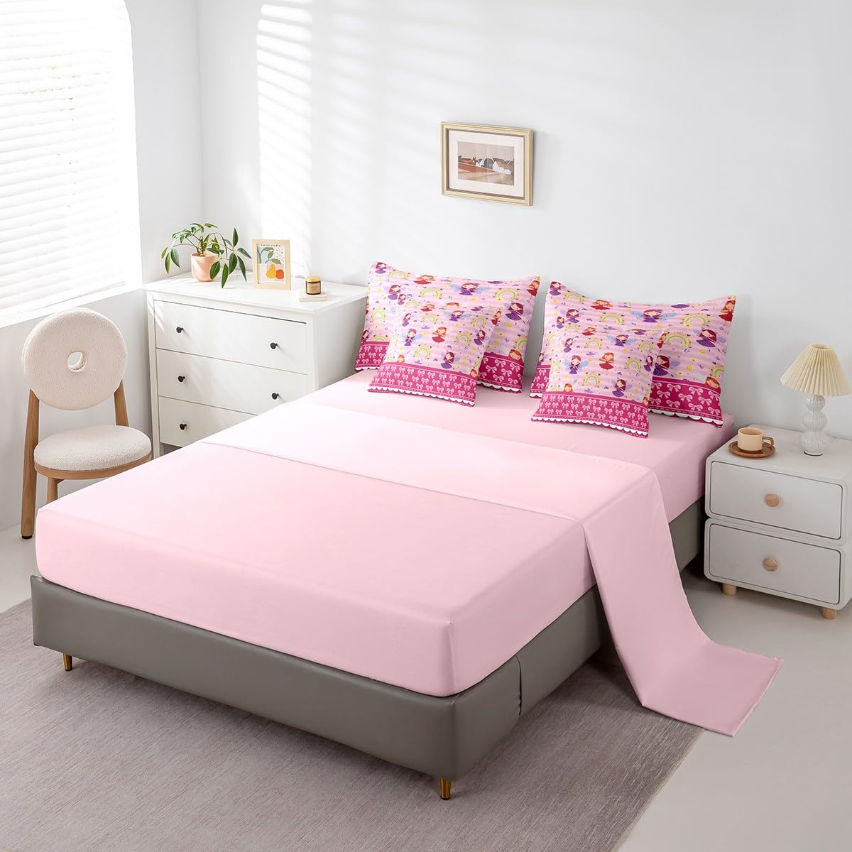 Erosebridal 7 Piece Magical Princess Kids Comforter Set King Bed in a Bag,Rainbow Girls Bedding Set for Child,Dreamy Pink Bowknot Sheet Set,Girly Cute Bow Bed Set,Pale Pink Stripes Duvet Insert