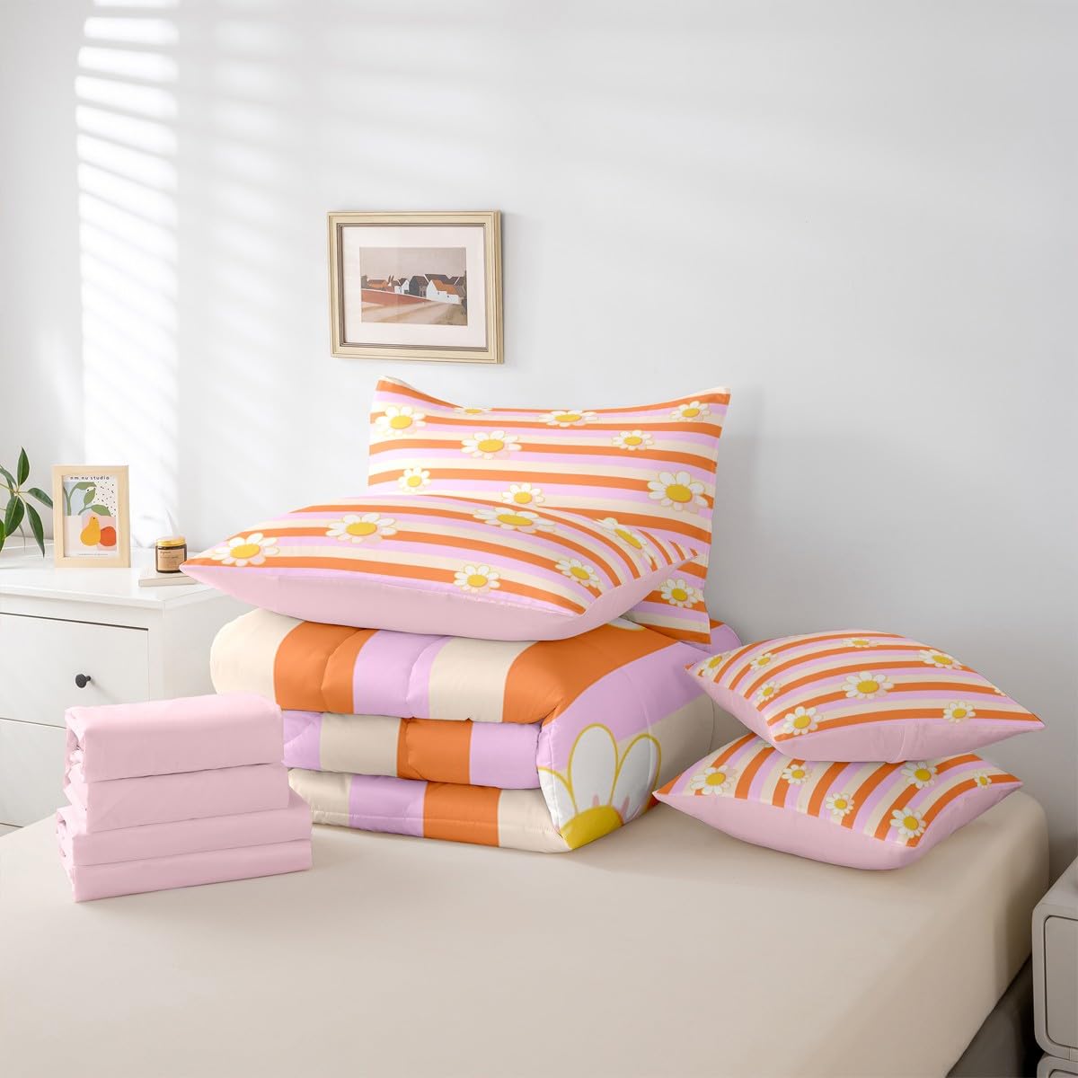 Erosebridal Cute Daisy 7-Piece Bedding Set For Kids Girls Pink Orange Comforter Set With Sheets Twin Size Cartoon Flower Bed In A Bag For Teen Girls Young Women Groovy Trendy Geometric Stripe Bed Sets