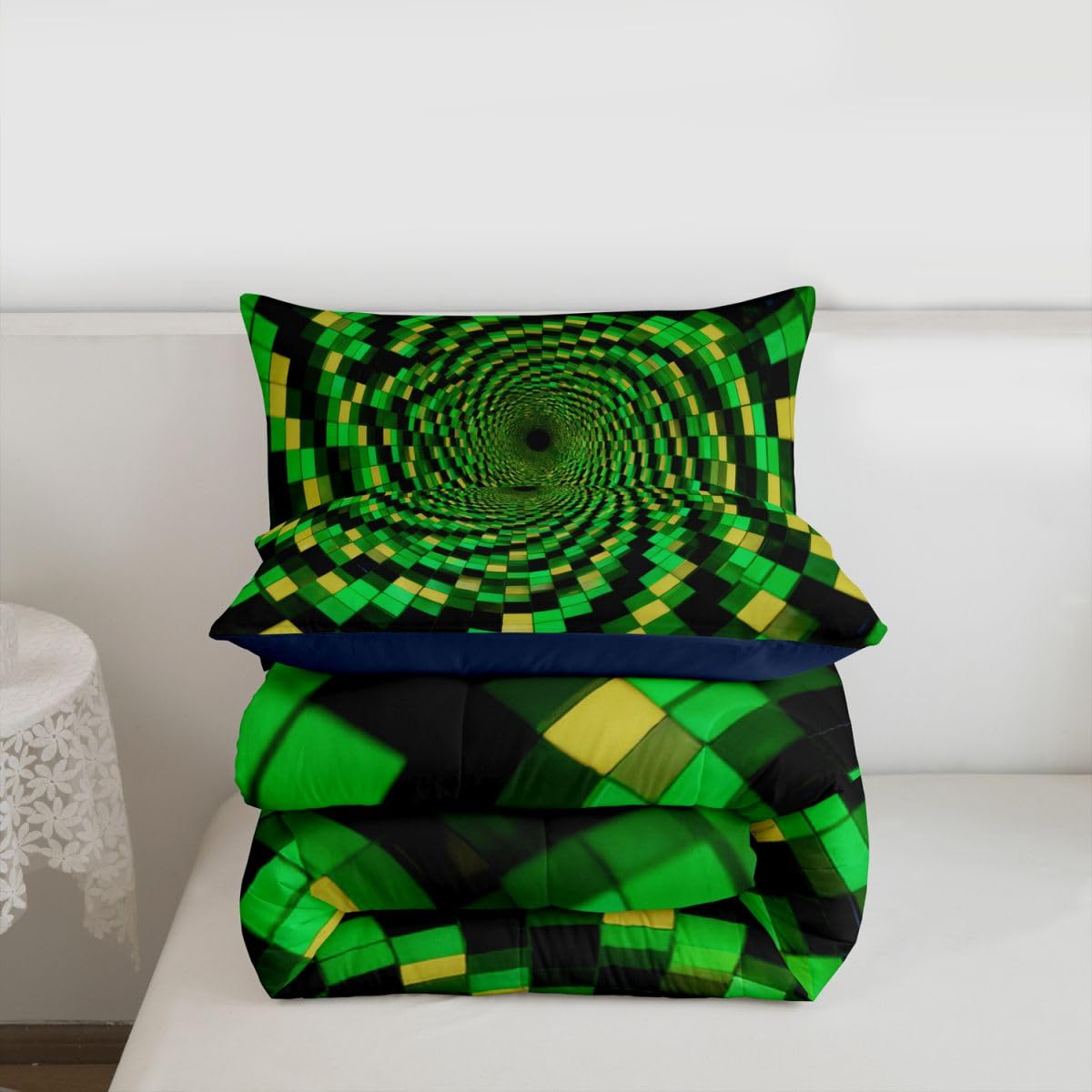 Erosebridal Geometric Grid Patchwork Comforter Set King Abstract Green Plaid Bedding Set Square Print Comforter for Kids Boys Girls,Modern Art Quilt Duvet
