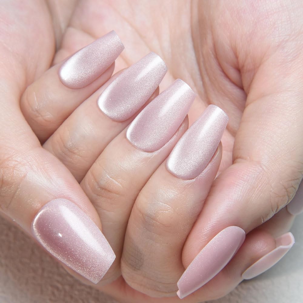 evpct Nude Cat Eye Coffin Press on Nails Square Medium, Medium Square Stick on Nail for Women Gift, Nude Metallic Glitter Glossy Reusable Summer Soft Gel Press on Acrylic Fake Nail with Designs
