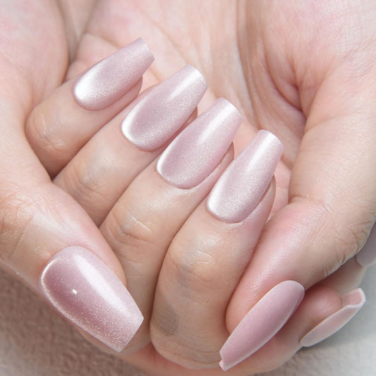 evpct Nude Cat Eye Coffin Press on Nails Square Medium, Medium Square Stick on Nail for Women Gift, Nude Metallic Glitter Glossy Reusable Summer Soft Gel Press on Acrylic Fake Nail with Designs