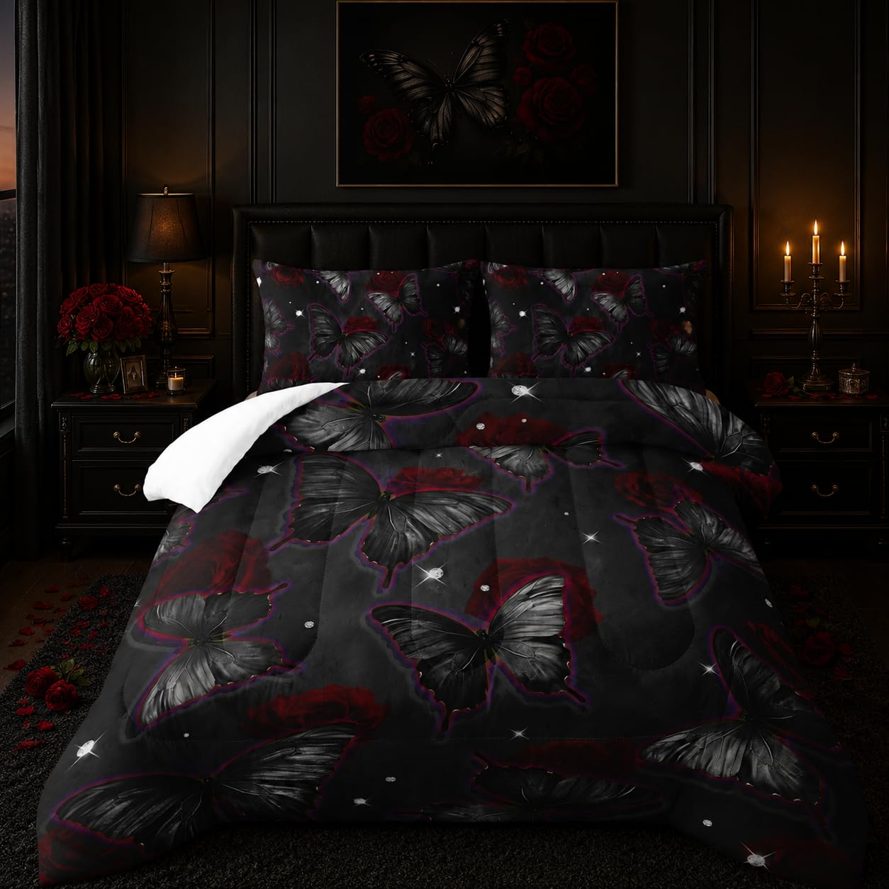 Black Butterfly Comforter Sets Twin Size, Black Butterfly Flowers 3D Animal Pattern Kids Bedding Sets for Girls Teens 3 Piece Bedroom Decor Comforter with 2 Pillowcases