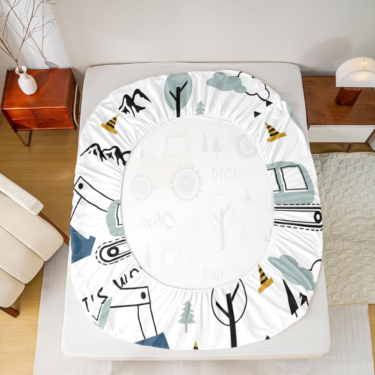 Cartoon Car Kids Sheet Set Construction Bed Sheets Set Decor Equipment Trucks Sheets with Deep Pocket Fitted Sheet Cartoon Car Excavator Tractor White Yellow Bedding Set Bedroom Quilt Cover 4Pcs Full