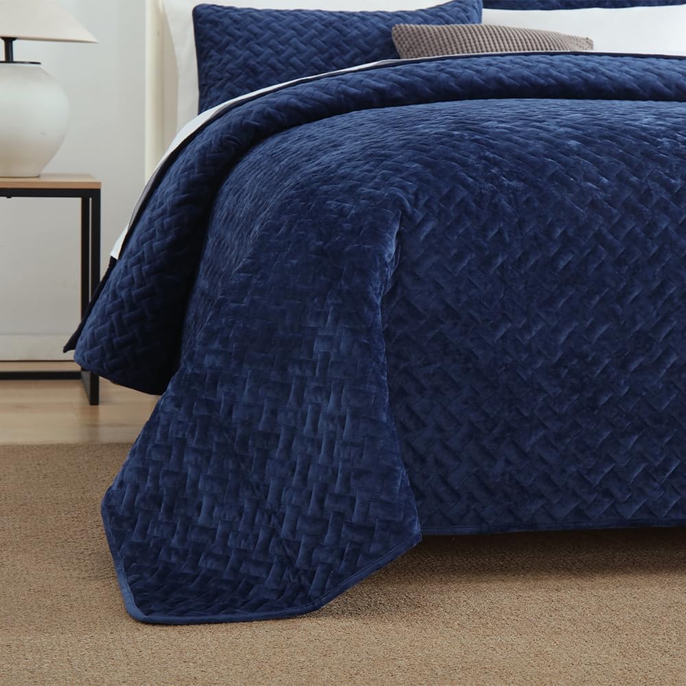 Liians Velvet Bedspread Quilt Bedding Sets,Luxury Elegant Ultra Soft Velvet Comforters Coverlet Blankets,Weave Stitching Pattern Cotton Quilted Bedspread for All Seasons,Navy Blue,King Size