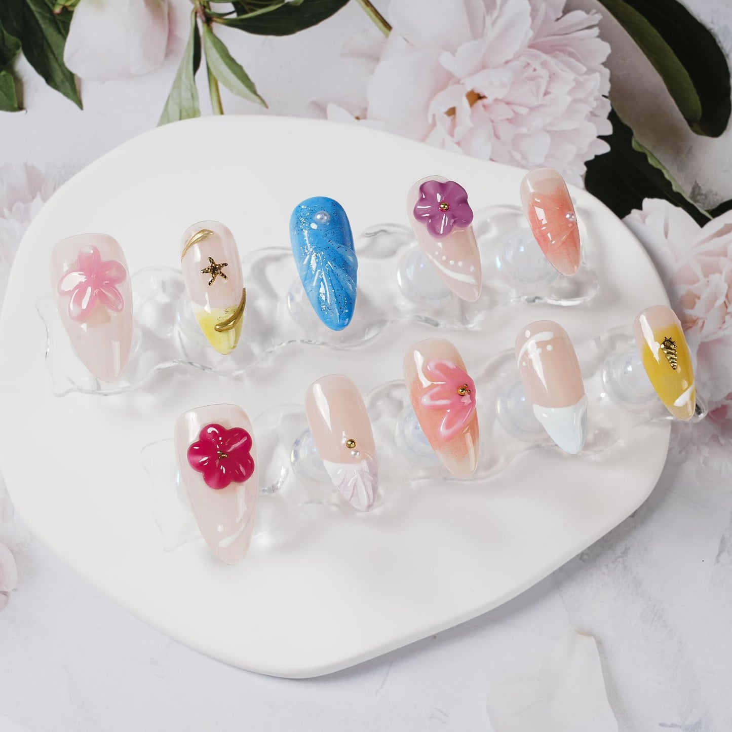 Tesytto Handmade Press on Nails 3D Floral Carved Medium Almond Fake Nails French Tips, Multi-Layer Gel Acrylic Nails for Women Nail Art (Sheer Floral Glow,M)