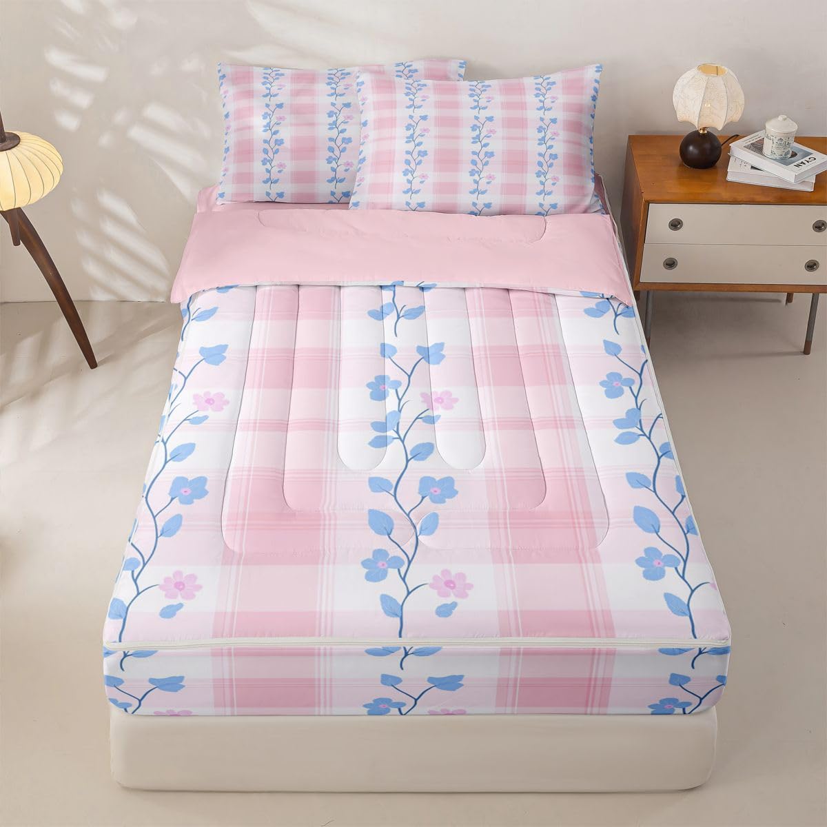 Feelyou Pink Flower Queen Zipper Bedding Set Botanical Floral Printed Kids Comforter Set with Fitted Sheet and 2 Pillowcases Natural Theme Bed in a Bag Zip Up Bedding Soft Microfiber