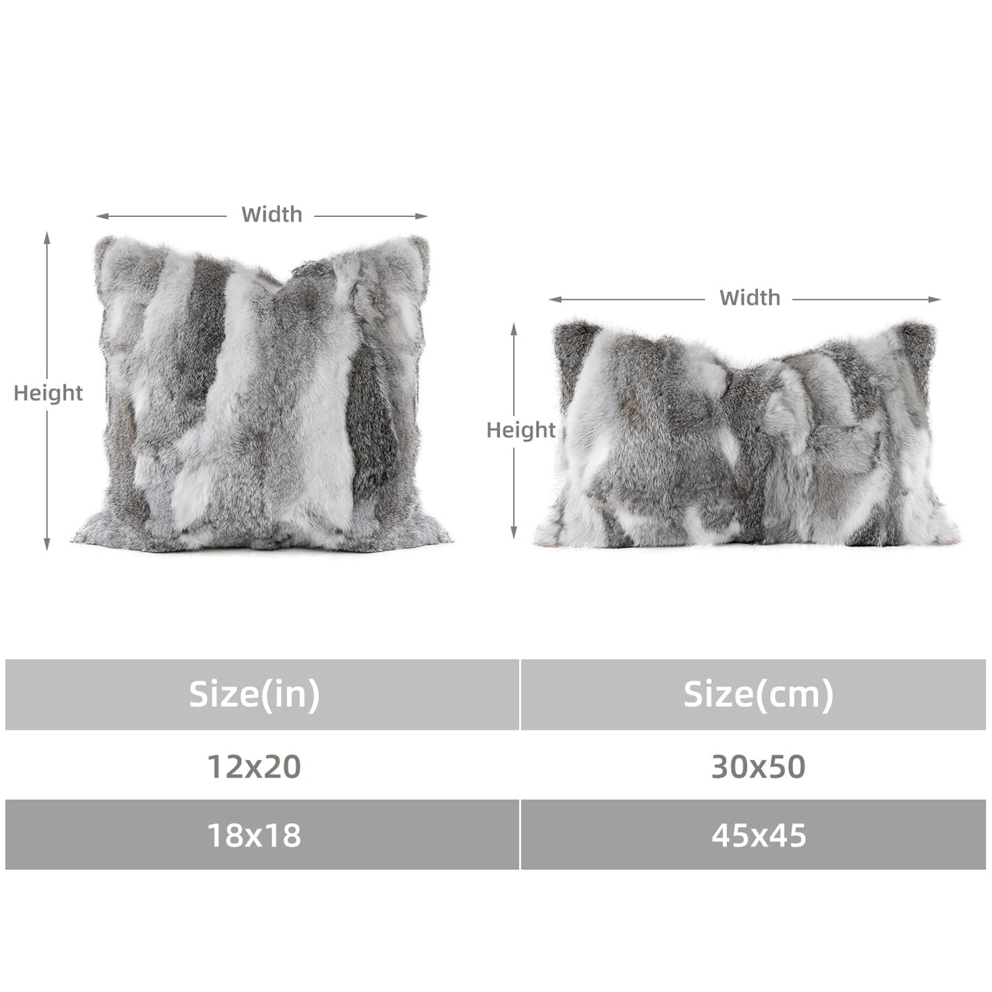 ROSE FEATHER Genuine Rabbit Fur Throw Pillow Covers Set of 2, Luxury Decorative Pillowcases Soft Fluffy Animal Skin Accents Cushion Cover for Couch Sofa Bedroom Living Room Home,18x18 inch,Gray-White