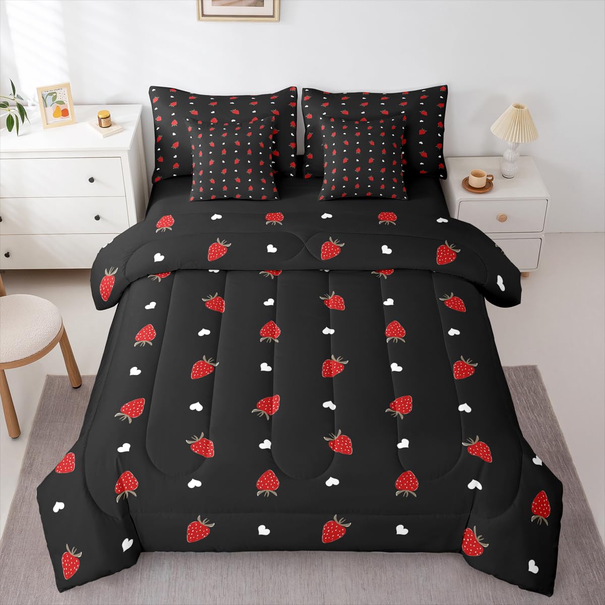 Erosebridal Kawaii Strawberry Full Size Comforter Set, Cute Fruits Theme Sweet 7-Piece Bed in A Bag, Red Black Sheets and Pillowcases, Heart Pattern Bedding Set Room Decor