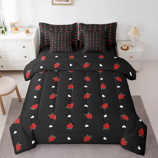 Erosebridal Kawaii Strawberry Full Size Comforter Set, Cute Fruits Theme Sweet 7-Piece Bed in A Bag, Red Black Sheets and Pillowcases, Heart Pattern Bedding Set Room Decor
