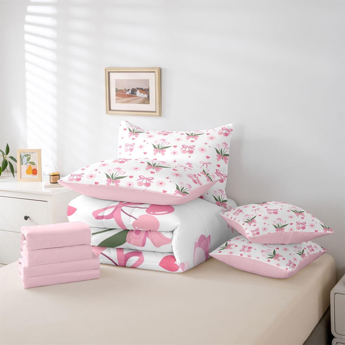 Erosebridal Pink Girls Daisy Flowers Bowknot Kids Full Comforter Set 7 Pieces | Tulip Bow Floral Bed in A Bag for Bedroom Love Hearts Cherry Bedding Set with Comforters Love Hearts Cherry Room Decor