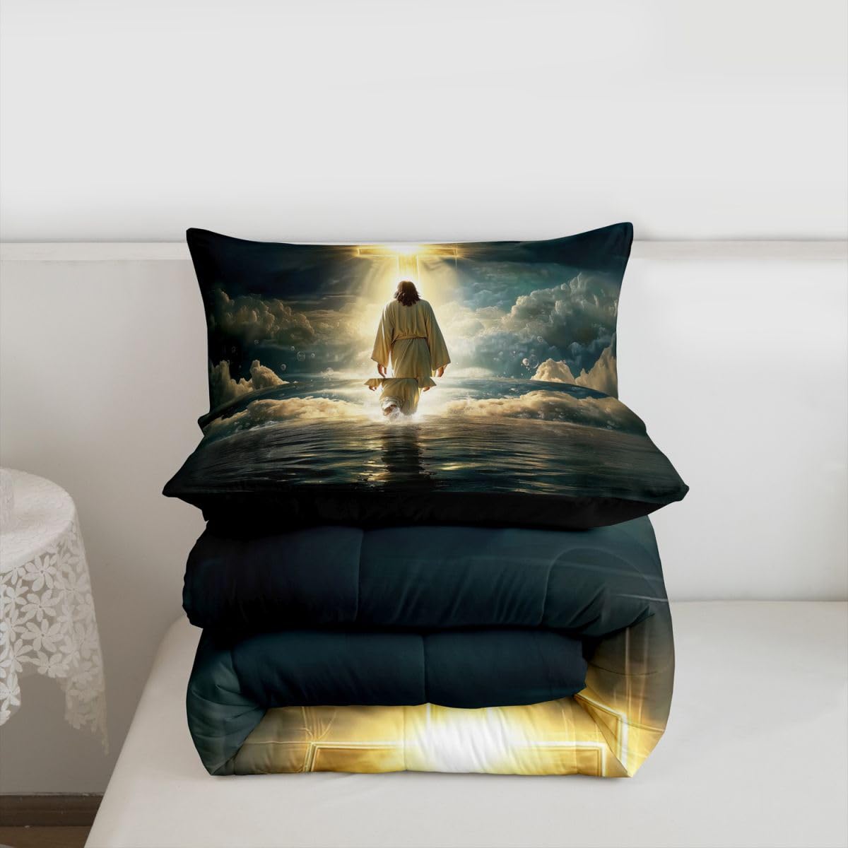 God Walking on Water Girls Bedding Set Twin Size,Western Faith Bible Verse Comforter Set,Spiritual Blue Ocean Quilt Comforter Girls Boys Teens,Golden Dark Blue Room Decor All Season,1 Pillowcase