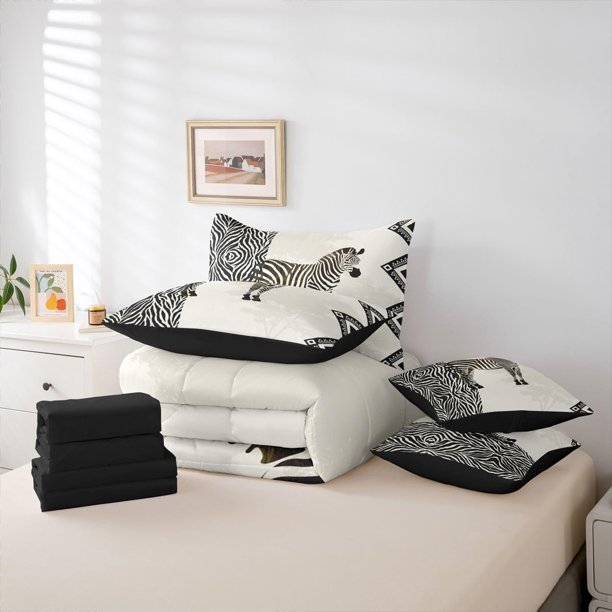 Erosebridal Zebra 7 Piece Bedding Set Full Zebra Stripes Comforter Set with Sheets Woodland Silhouette Wild Animal Skin Bed in a Bag African Animal Lover for Kids Boys Girls