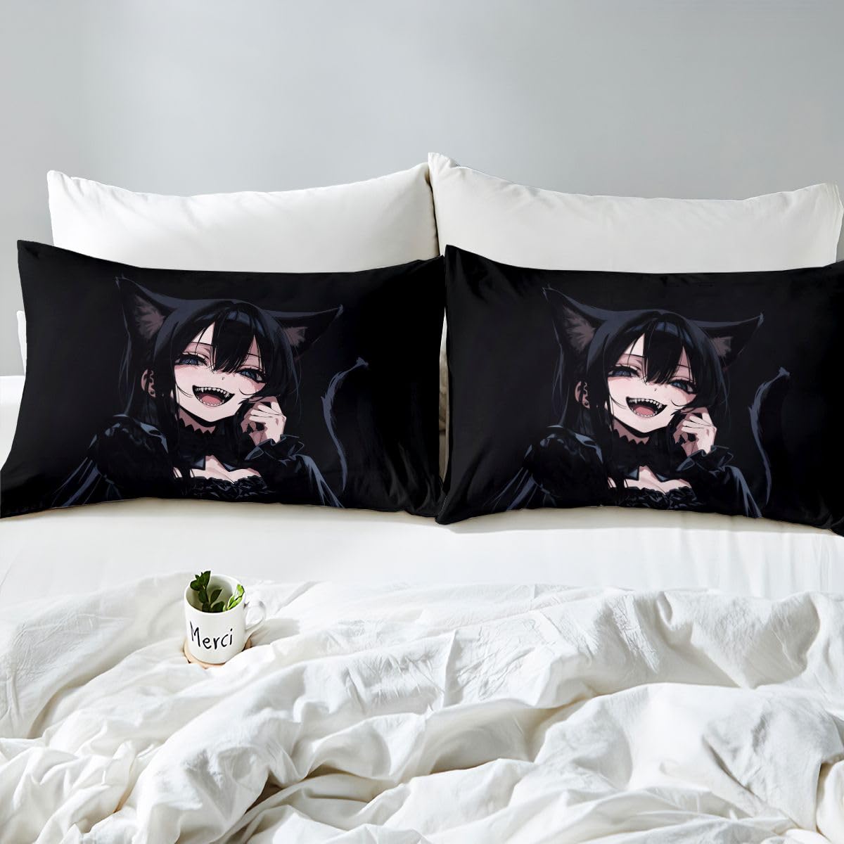 Erosebridal Anime Girl Queen Bed Sheets 3D Japanese Fitted Sheet,Gothic Style Cat Girls Kids Bedding Sets Cool Anime Gift Sheets with 2 Pillowcases