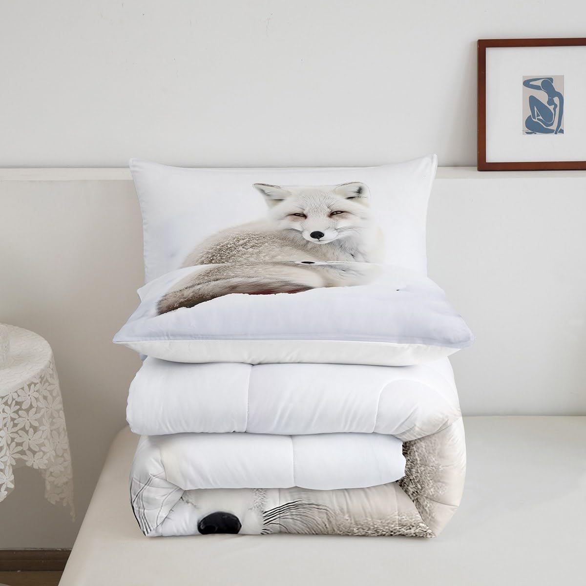 Feelyou Fox Comforter Set Arctic Fox Bedding Set for Kids Boys Girls Cute Animal Comforter Wildlife Quilt Set 1 Comforter Set with 1 Pillowcase Twin Size