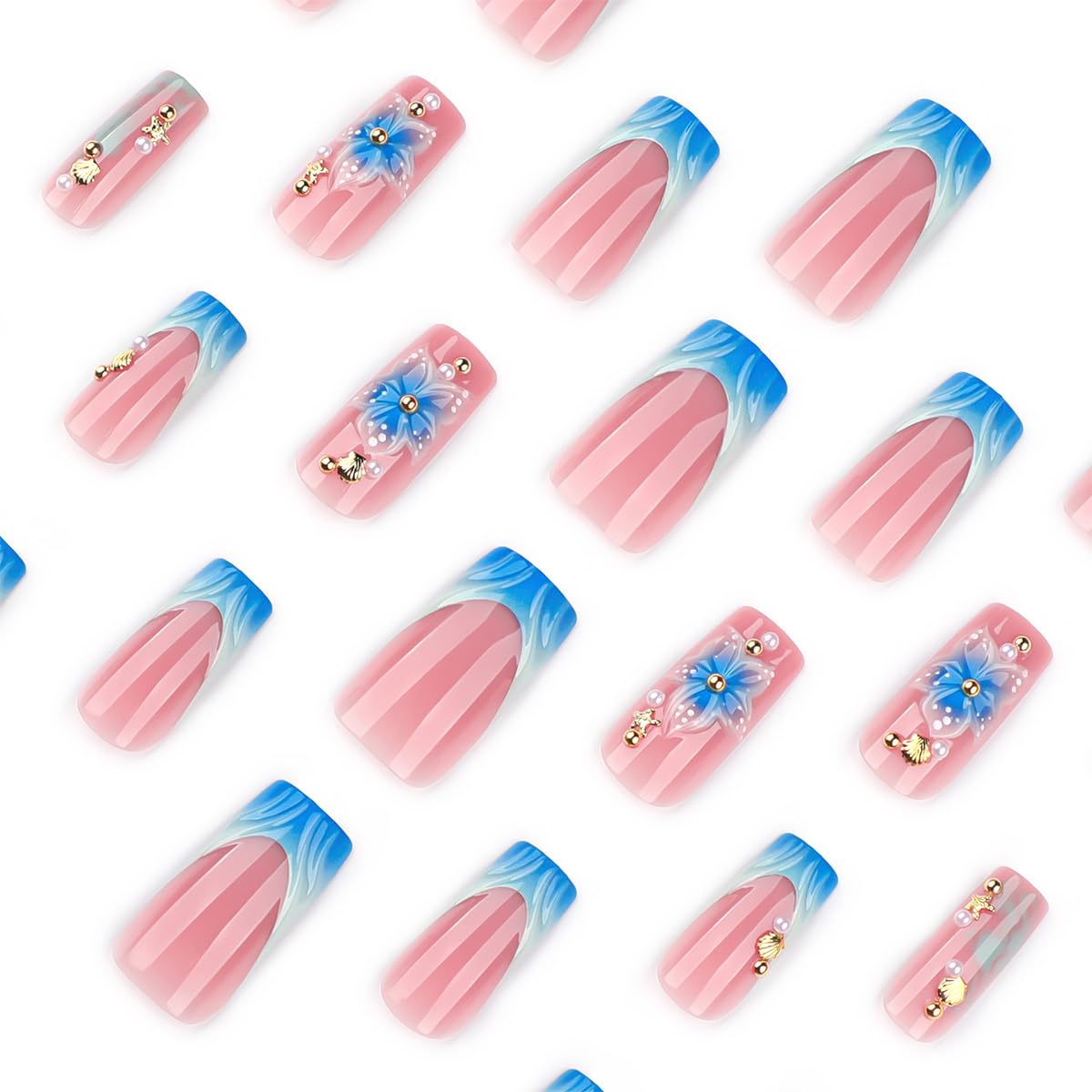 24Pcs Blue Flower Press on Nails Medium Square French Tip Fake Nails Luxury Gems with Gold Glitter Shell Starfish Design Spring Summer Stick on Nails Full Cover Artificial Glue on Nails for Women