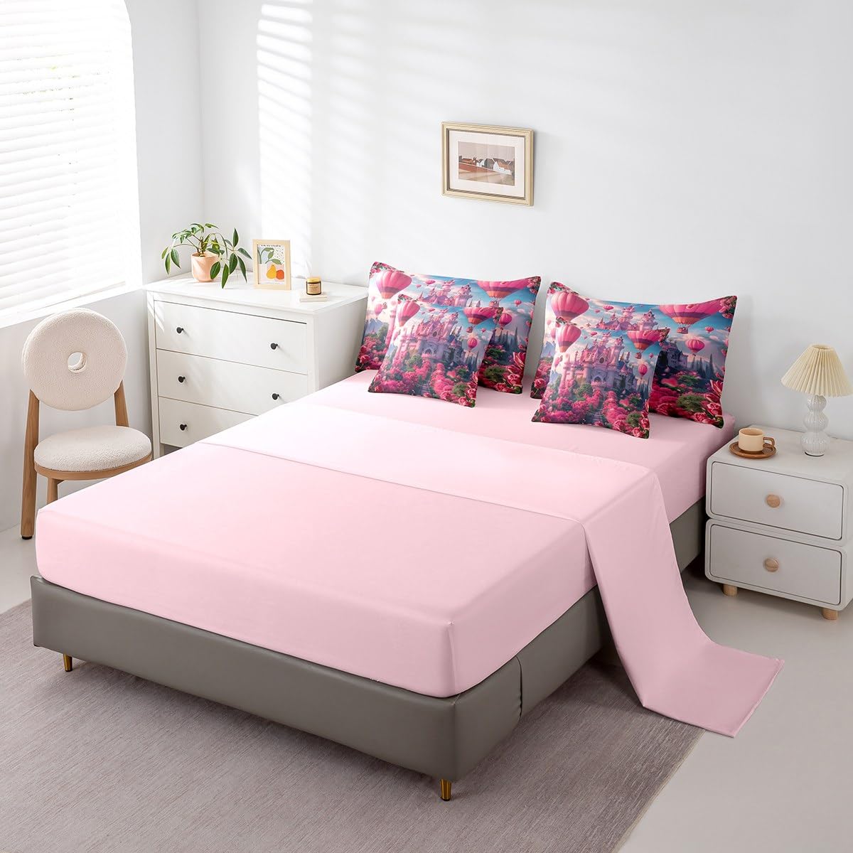 Erosebridal Kids Dreamy Castle Comforter Set King,Sea of Rose Flowers Bedding Set 7Pcs for Girls Teens,Funny Hot Air Balloon Print Bed in a Bag,Floral Leaves Botanical Quilt