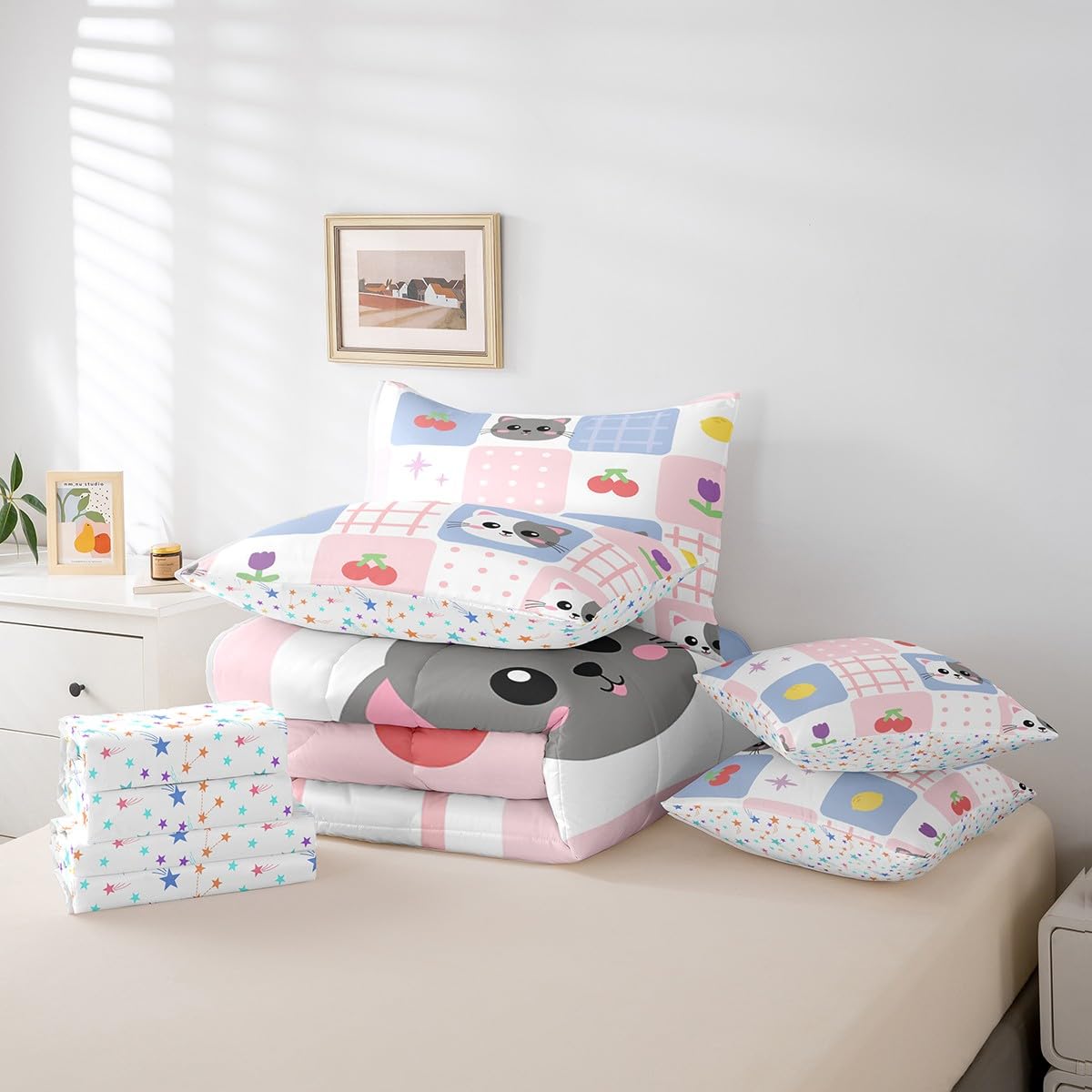 Feelyou Cute Cat 7 Piece Bedding Set Queen Size Pink Blue Geometric Comforter Set with Sheets for Kids Boys Girls Teens Cherry Lemon Bed in a Bag Cartoon Design Bed Set