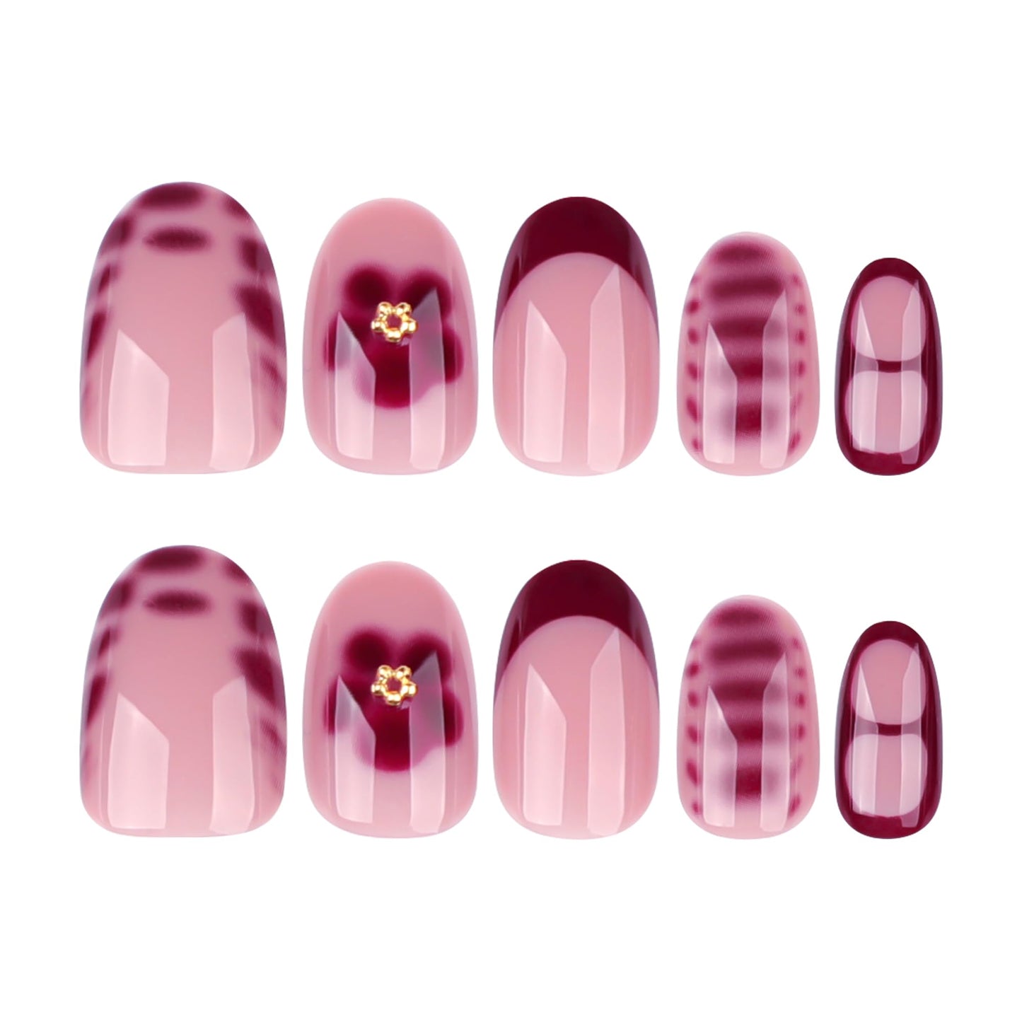 Stbisen Red Press On Nails Short Oval, Summer Fall Fake Nails with Red French Tips and Elegant Petal Accent Designs, Glossy Gel Finish Acrylic Nails, Thick Reusable Glue On Nails Kit for Women, 24 Pcs