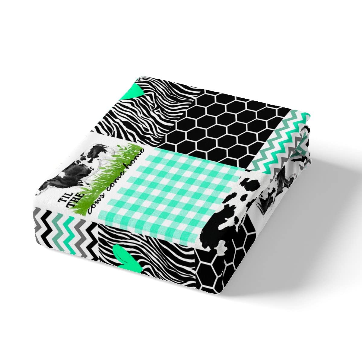 Homewish Cow Print Duvet Cover Set King Size Cute Cow Comforter Cover Farm Animals Print Bedding Set 3pcs for Kids Boys Girls Room Decor, Black White Green Plaid Quilt Cover with 2 Pillowcases