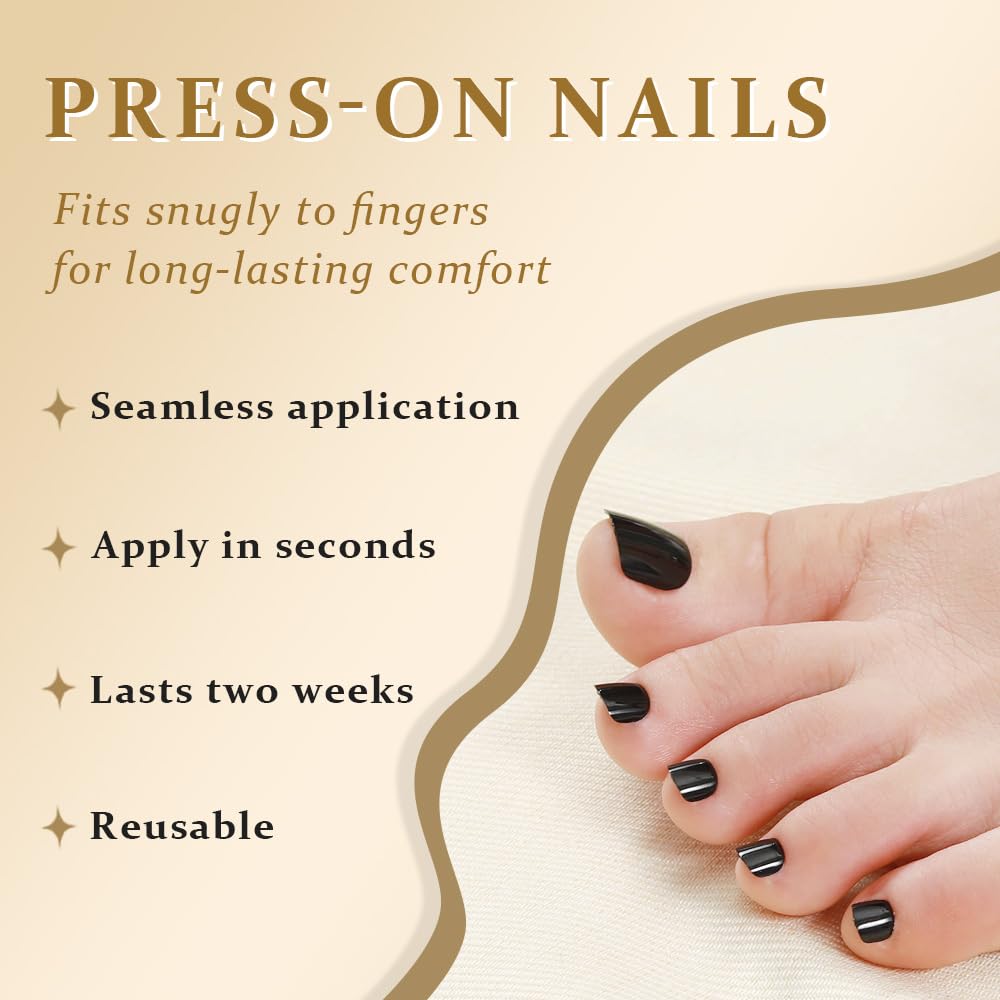 evpct Black Press on Toenails for Women, Fake Toe Nails Pure Stick on for Women Girls Gift, Soft Gel Press Stick on Toenail with Kits Set Kit Perfectly Fit Full Cover Reusable Pure Black Fake Toenails