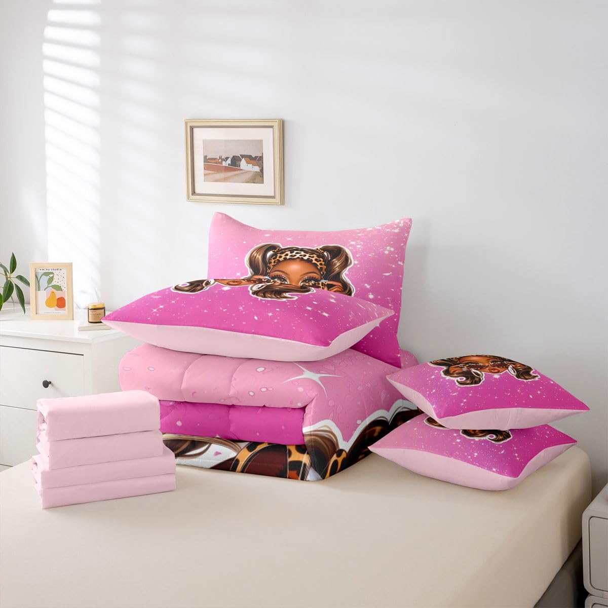Erosebridal Cute Black Girl Twin Size Bedding Set Cool Y2K Girl 7 Pieces Comforter Set with Sheets for Teens Women Fashion Leopard Print Bed in a Bag Girly Sparkling Decor Bed Sets