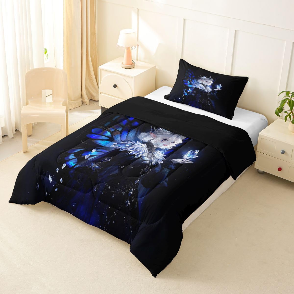 Erosebridal Gothic Girls Comforter Set for Kids Boys Girls A Girl Wearing A Crown Bedding Butterfly Diamond Feather Print Duvet Set Coquette Princess Comforter Twin with 1 Pillowcase