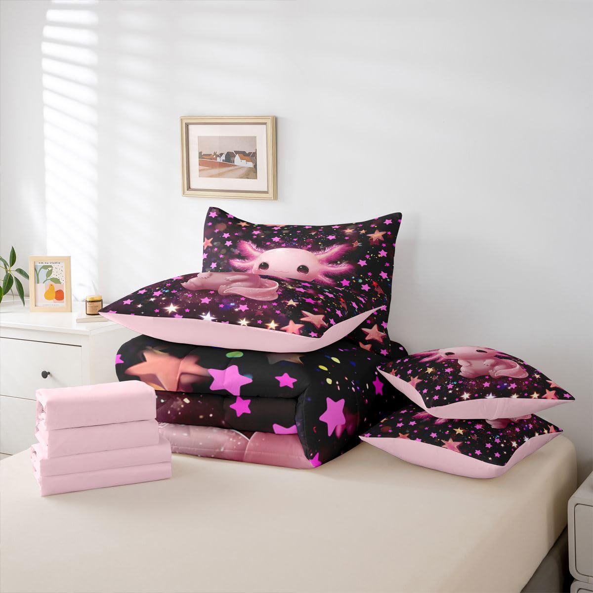 Erosebridal Kids Pink Axolotl Twin Size Bedding Set Girls Pink and Black Starry Sky 7 Pieces Comforter Set with Sheets Teens Cute Axolotl Bed in a Bag Girly Stars Reptile Animal Bed Sets