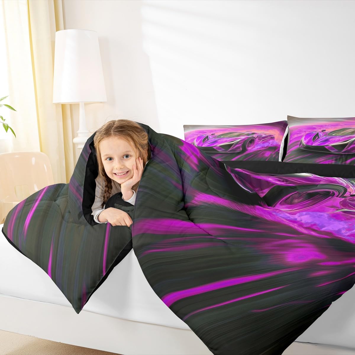 jejeloiu Race Car Comforter Set All Season Cooling Sports Car Bedding Set with 1 Pillow Cases Extreme Sports Microfiber Kids Twin Bedclothes Purple Bedroom Decor Duvet Quilt Breathable