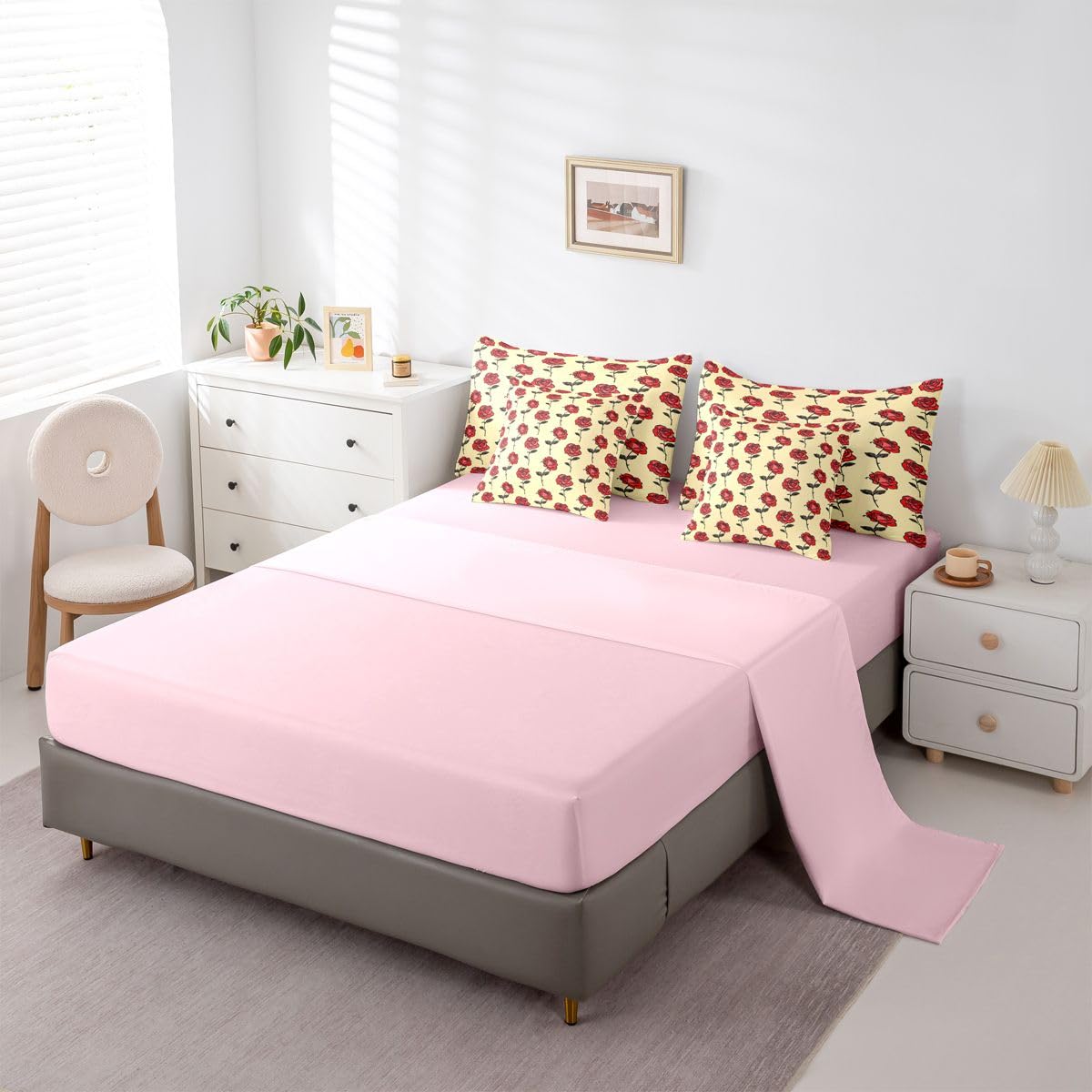 Erosebridal Flower 7 Piece Bedding Set Twin Rose Comforter Set with Sheets Simple Line Drawing Florals Romantic for Kids Boys Girls Red Roses Farmhouse Botanical Bed in a Bag