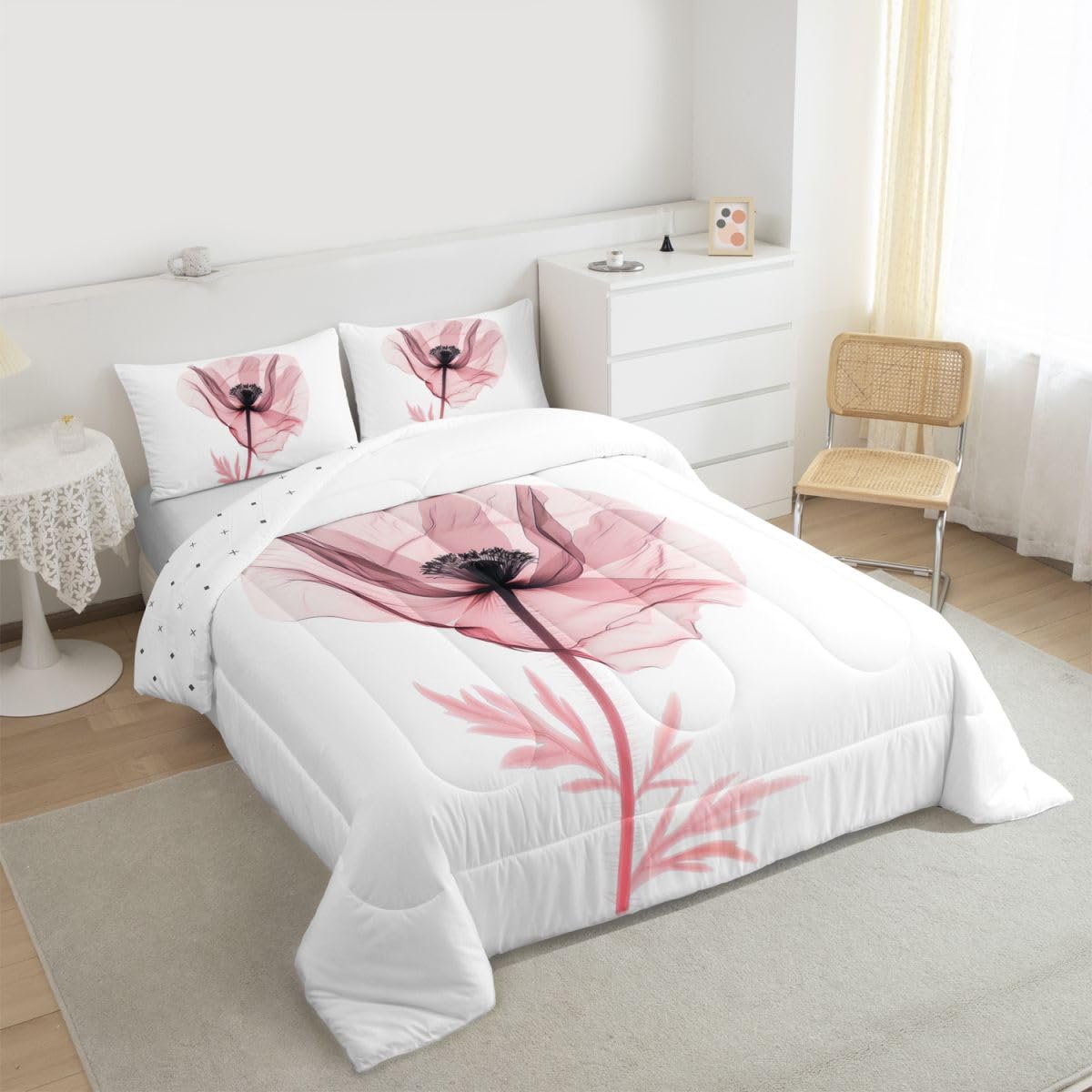 jejeloiu Abstract Flowers Bedding Set Soft for Boys Girls, Modern Art Comforter Set Toddler Size Pink Floral Duvet Quilt Microfiber Bedroom Decor 2 Pcs with 1 Pillow Cases