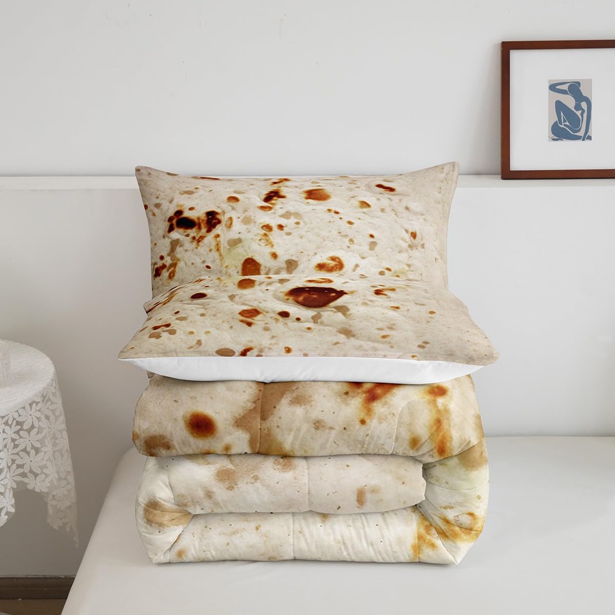 Feelyou Burritos Tortilla Bedding Set for Adult and Kids Ultra Soft Giant Funny Realistic Food Comforter Set Set Breathable Novelty Soft Flannel Taco Comforter King Size Quilted